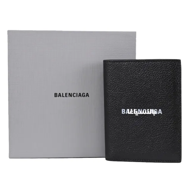 【Balenciaga 巴黎世家】簡約品牌LOGO荔枝牛皮內對折簡易6卡短夾(黑)