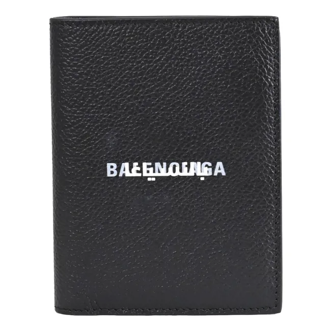 【Balenciaga 巴黎世家】簡約品牌LOGO荔枝牛皮內對折簡易6卡短夾(黑)