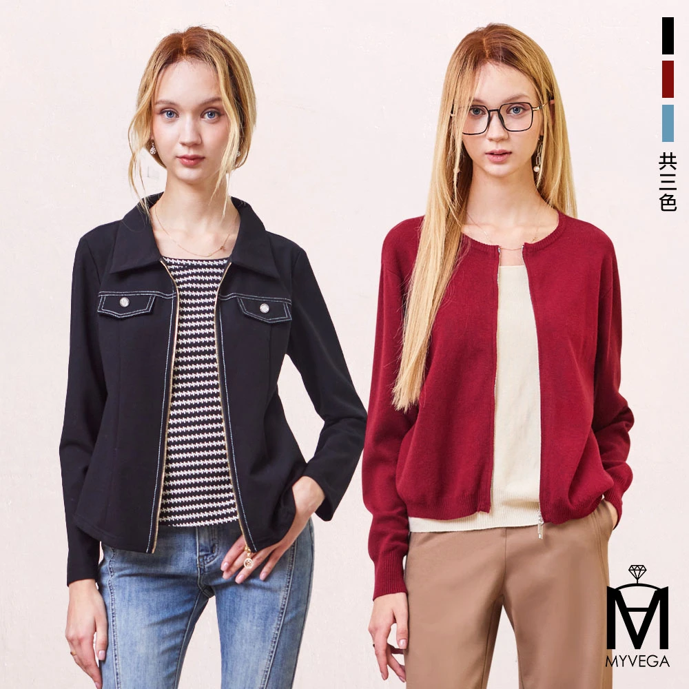 麥雪爾假兩件雙向拉鍊針織上衣 MYVEGA 麥雪爾MA假兩件雙向拉鍊針織上衣,造型袋蓋上衣-二款任選,日系,女上衣,針織衫,女長袖上衣)