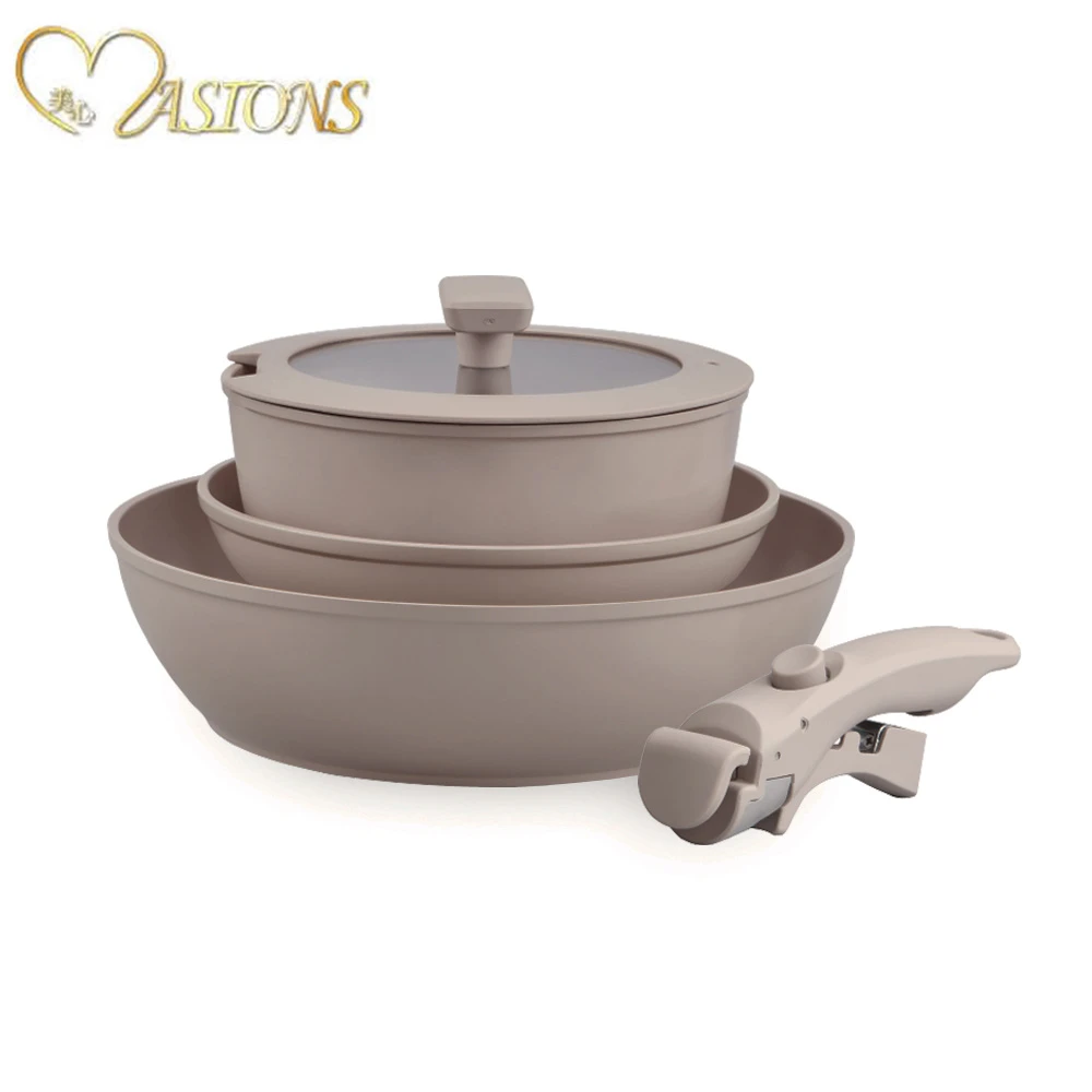 美心陶瓷不沾鍋 MASIONS 美心GOOGOO系列 可拆鍋奶茶陶瓷厚釜鑄造不沾鍋3鍋5件組,煎炒鍋,平底鍋,奶鍋,可拆手柄,鍋蓋)