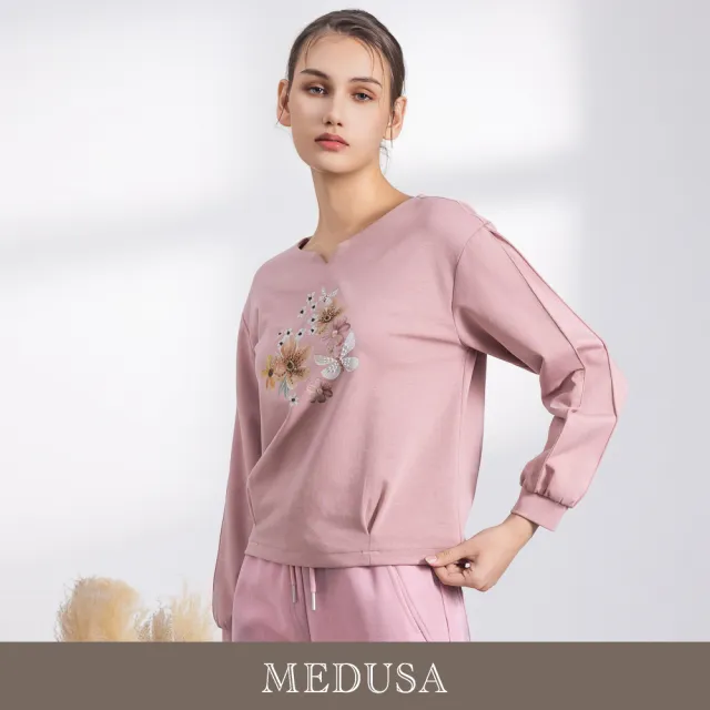 【MEDUSA 曼度莎】現貨-氣質花漾壓褶小開口長袖上衣 - 2色（M-XL）｜女休閒上衣 大學T 女長袖(701-52201)