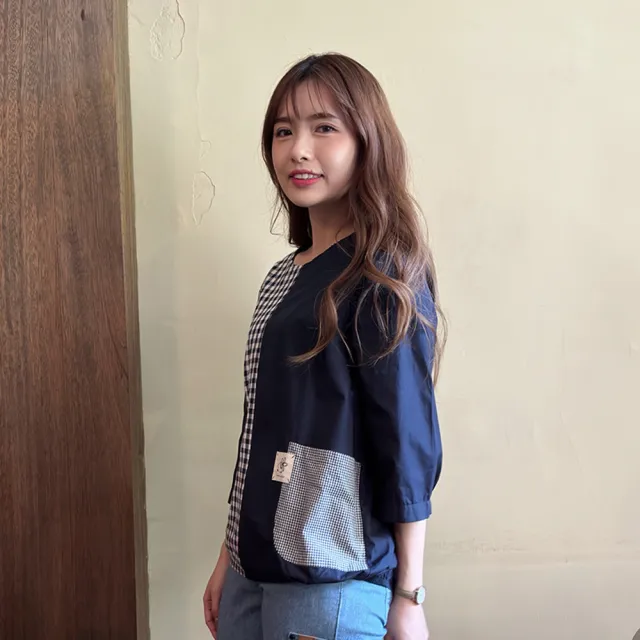 【Hana Mokuba】花木馬日系女裝格紋不對稱拼接設計上衣(T恤)