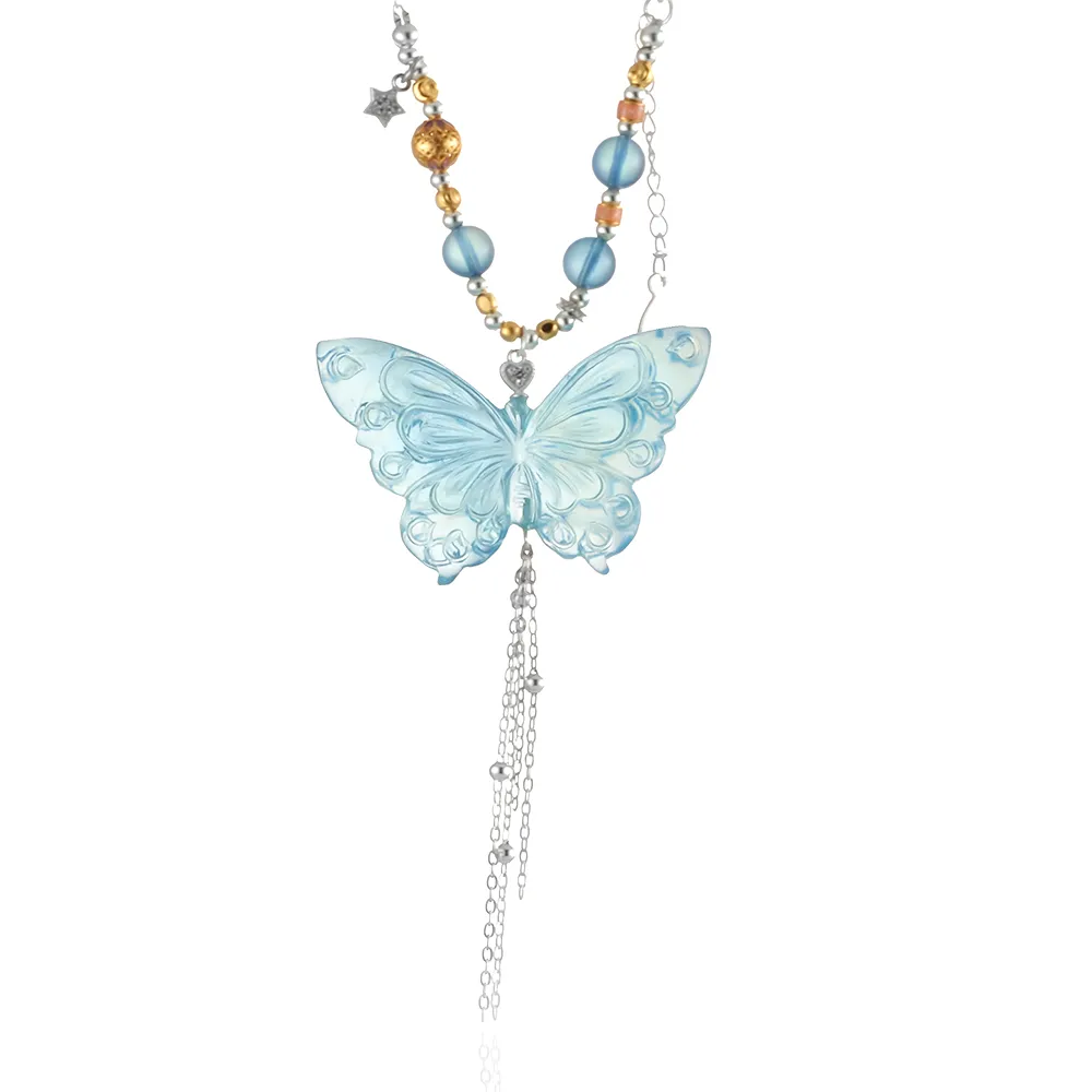 【Woogie武吉珠寶】精品海藍寶蝴蝶雕件套鍊(44x27mm)