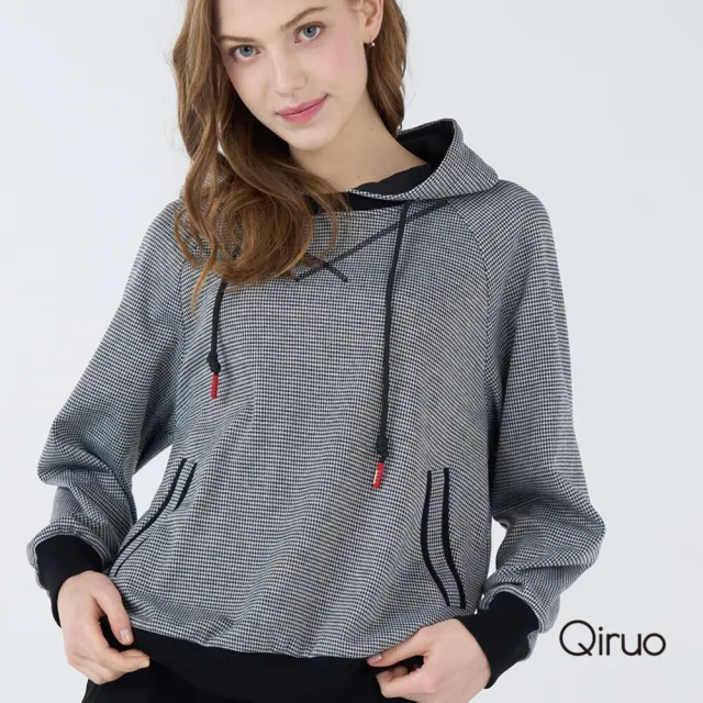 【Qiruo 奇若名品】軟保暖棉質 連帽長袖灰小格紋黑色休閒上衣 6259A 