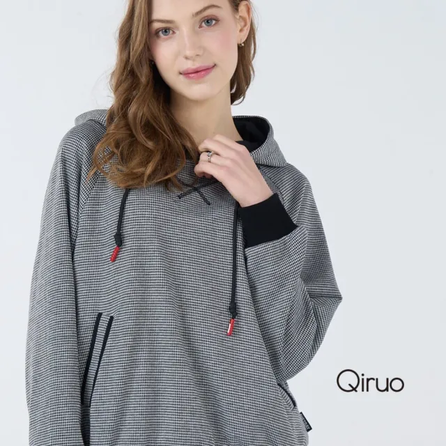 【Qiruo 奇若名品】軟保暖棉質 連帽長袖灰小格紋黑色休閒上衣 6259A