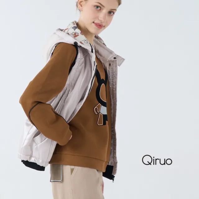 【Qiruo 奇若名品】保暖加厚布料 寬立領連帽背心外套米白色背心6228D 