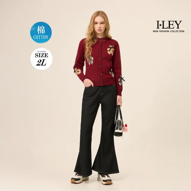 【ILEY 伊蕾】植絨波點網紗拼接棉內搭上衣(深紅；M-2L；1253011304)
