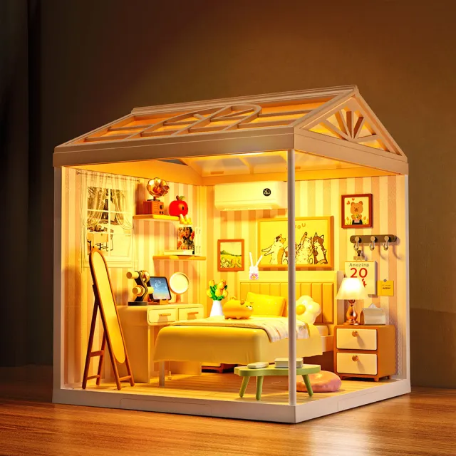 【MINI HOUSE 米洛宅】我的療癒夢想屋 微縮模型玩具-溫馨臥室(內含門片、屋頂、燈泡)