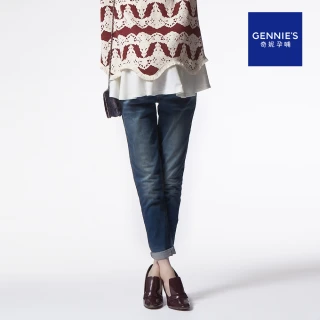 【Gennies 奇妮】率性貓抓紋刷色牛仔褲(孕婦褲 長褲 後雙口袋 一體成型 無痕褲頭)