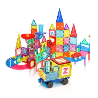 【i-Smart】彩窗透光磁力積木三合一 180片(積木+小汽車軌道+小球管道｜磁力片｜磁吸積木)