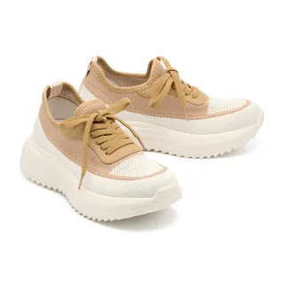 【MELROSE】美樂斯 撞色牛皮異材質彈性鞋帶厚底休閒鞋(米)