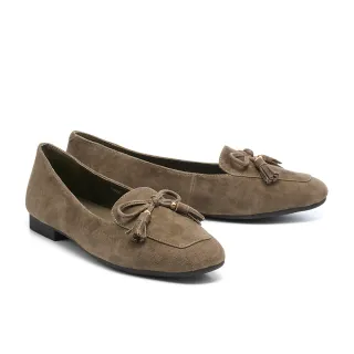 【AS 集團】沉穩復古蝴蝶結流蘇羊麂皮樂福低跟鞋(綠)