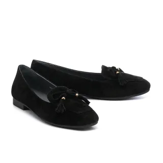 【AS 集團】沉穩復古蝴蝶結流蘇羊麂皮樂福低跟鞋(黑)