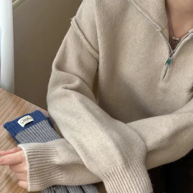 【D.studio】韓版復古寬鬆翻領針織上衣(毛衣長袖上衣衣服保暖上衣冬天女裝秋冬女裝發熱衣長袖t恤W636)