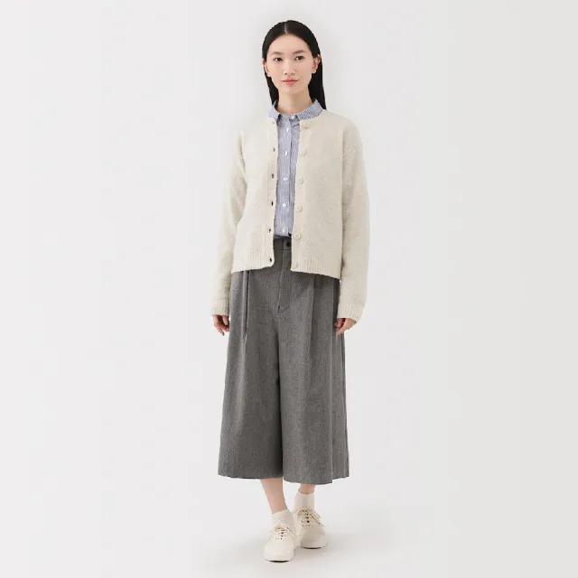 【MUJI 無印良品】女羊毛混毛絨圓領開襟衫(粉米/駝色/深灰/卡其綠)