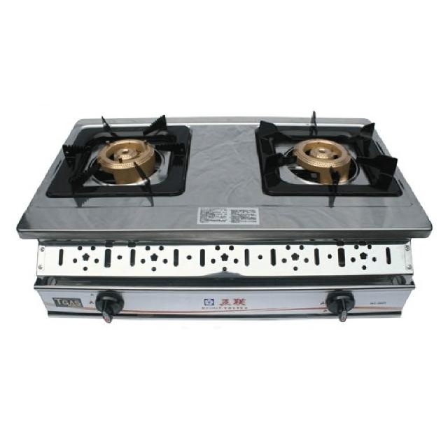 五聯 WG-2605 雙口爐採用不銹鋼材質，瓦斯壓轉式點火設計，適合嵌入式安裝。高效節能，操作簡單安全，提供1年保固，完美適用家庭廚房，提升烹飪效率。