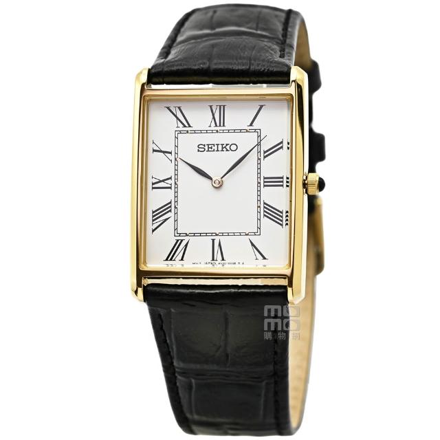 【SEIKO 精工】精工方形藍寶石石英皮帶男錶-金框白面(SWR104P1)