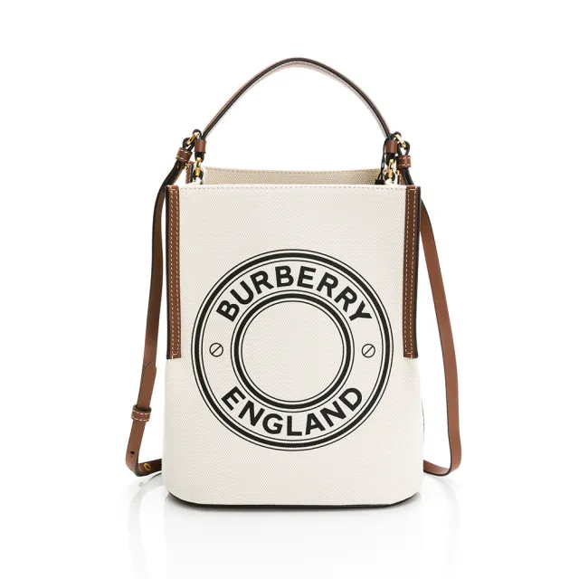 【BURBERRY 巴寶莉】Small Peggy Bucket Bag 圓型徽標牛皮飾底(帆布水桶包/手提肩背二用包)