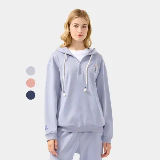 【Hang Ten】女裝-加州熊繡花彩色綁繩寬鬆半拉鏈連帽T(多色選)