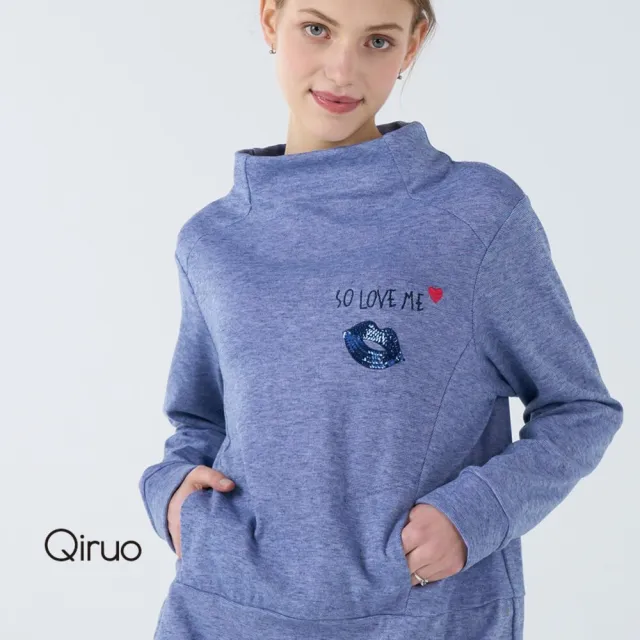 【Qiruo 奇若名品】彈性軟棉質 寬大立領長袖藍色造型上衣 6038A 