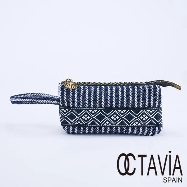 【OCTAVIA 8】雙11 OCTAVIA 8 -  民族風條紋三層手提萬用小布包 - 祝福藍(萬用包 手拿包 化妝包 