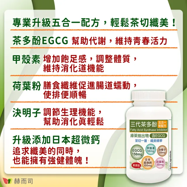 【赫而司】升級版三代茶多酚膠囊2罐(共180顆;綠茶素兒茶素EGCG+甲殼素+決明子+荷葉粉+鈣五合一纖美精華)