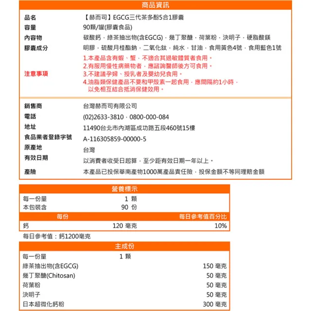 【赫而司】升級版三代茶多酚膠囊2罐(共180顆;綠茶素兒茶素EGCG+甲殼素+決明子+荷葉粉+鈣五合一纖美精華)