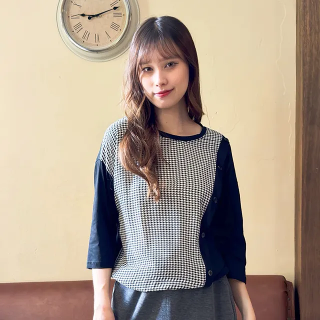 【Hana Mokuba】花木馬日系女裝千鳥格拼接鈕扣造型上衣(造型上衣)