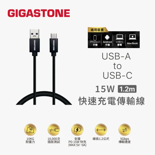 【Gigastone 立達國際】鋁合金USB 3.2 gen 1 Type-C 傳輸充電線GC-6800B(支援iPhone17/Android手機充電)