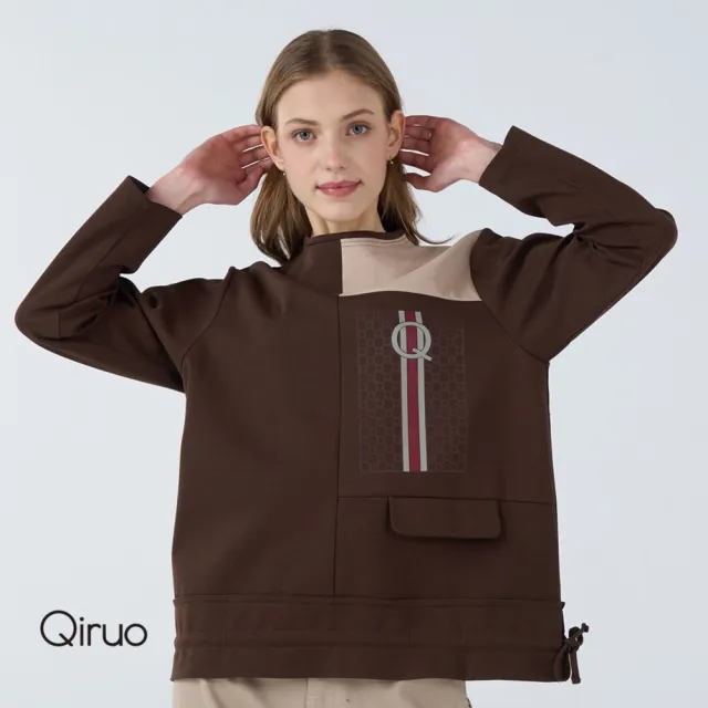 【Qiruo 奇若名品】中厚棉質 雙色布料長袖咖啡色造型上衣 6039A 