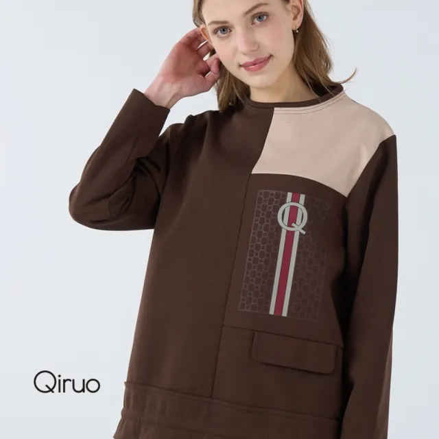 【Qiruo 奇若名品】中厚棉質 雙色布料長袖咖啡色造型上衣 6039A