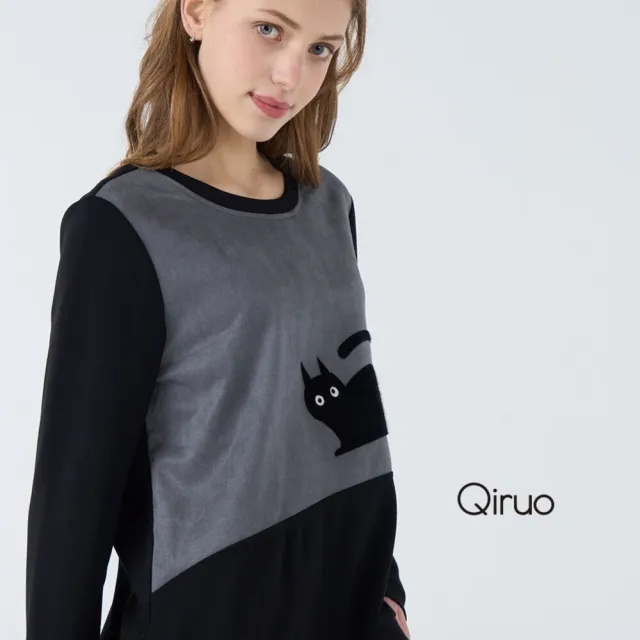 【Qiruo 奇若名品】棉質 雙色拚鳩車縫貓咪長袖黑色造型上衣 6230A 