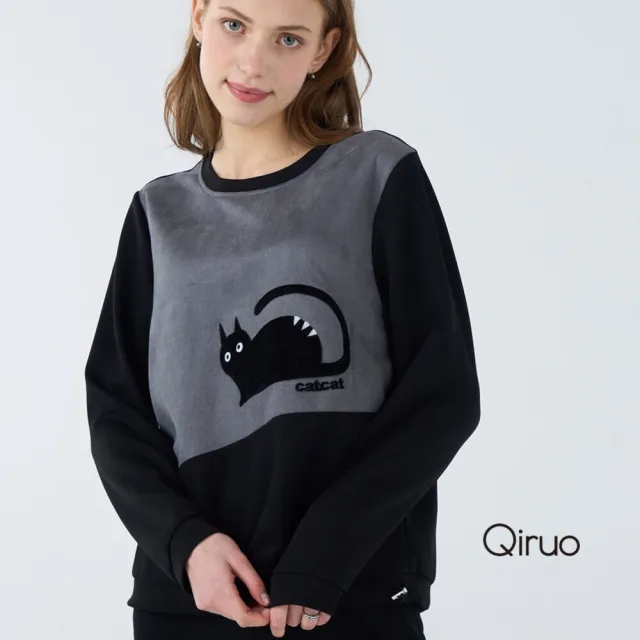 【Qiruo 奇若名品】棉質 雙色拚鳩車縫貓咪長袖黑色造型上衣 6230A