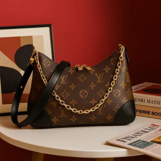 【Louis Vuitton 路易威登】M45832 M45831老花帆布拼牛皮鍊帶肩背腋下包-2色可選(牛角包 法棍包 腋下包)