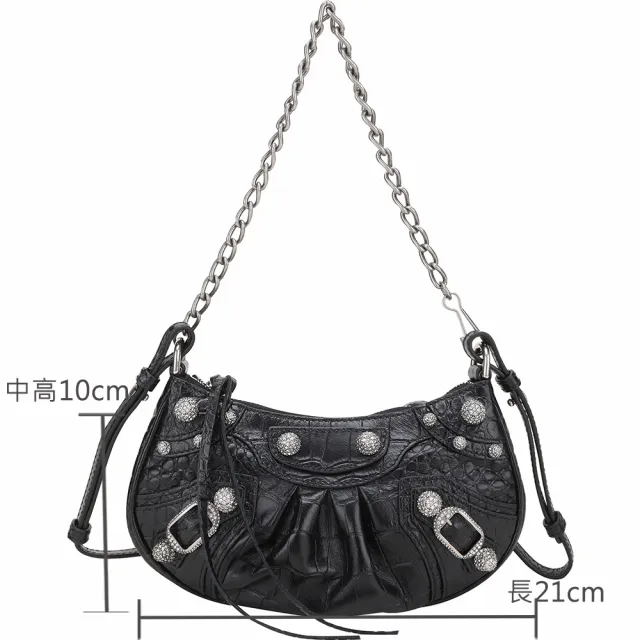 【Balenciaga 巴黎世家】Le Cagole 鑽飾鉚釘鱷魚紋壓花小牛皮迷你可頌包-黑色(斜背包 鏈帶包 可頌包)
