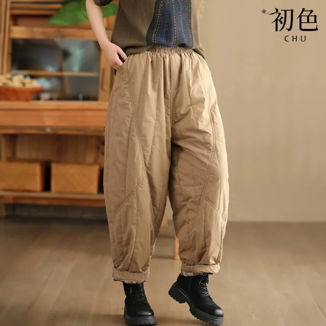 【初色】簡約休閒寬鬆保暖復古工裝格紋內裡拼接縫線鬆緊腰哈倫褲闊腿褲寬褲長褲-共3色-16736(M-2XL可選)