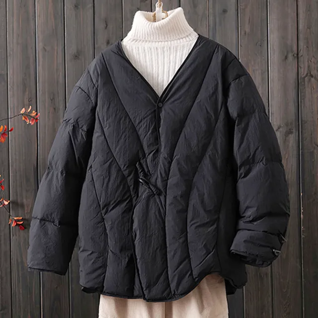 【初色】中式簡約純色V領寬鬆保暖長袖棉衣茶服外套女外套-共3色-16749(L/XL可選)