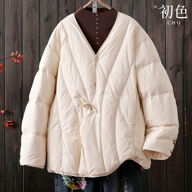 【初色】中式簡約純色V領寬鬆保暖長袖棉衣茶服外套女外套-共3色-16749(L/XL可選)