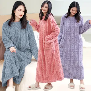 【Kosmiya】1套 珊瑚絨緹花保暖睡裙/女睡衣/長袖睡衣/連身洋裝/洋裝/保暖睡衣(2色可選/均碼)