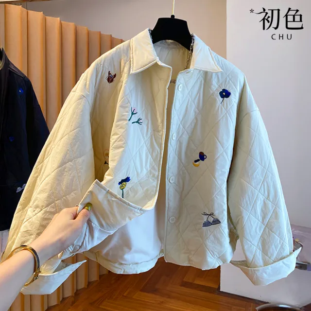 【初色】韓系長袖翻領單排釦菱形格紋印花刺繡外套女外套-共2色-16705(L-2XL可選)