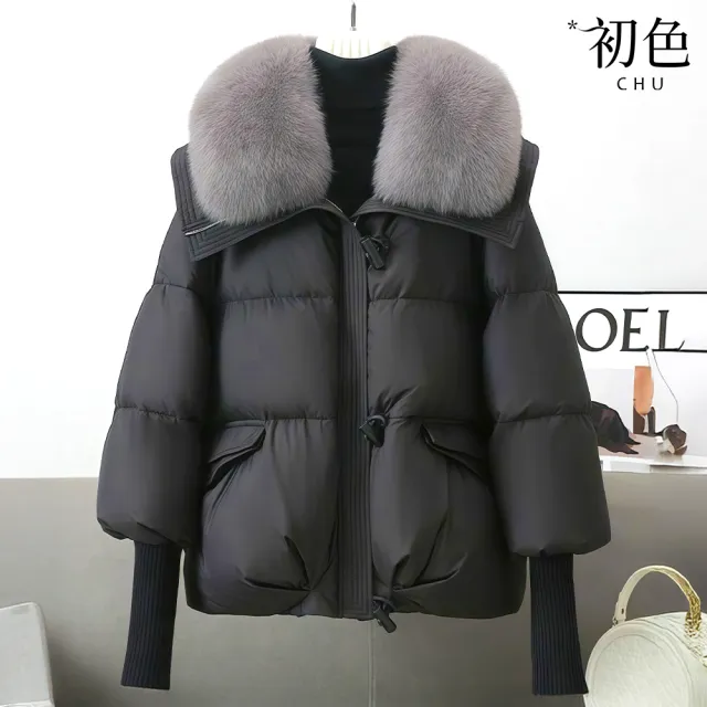 【初色】毛領拉鍊拼接長袖禦寒保暖科技保暖纖維棉服加厚大衣外套女外套-共3色-16759(M-2XL可選)