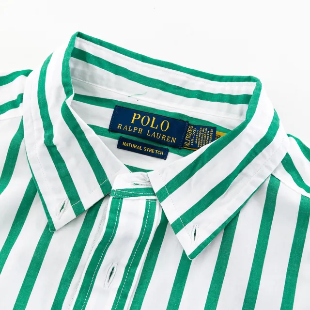 【RALPH LAUREN】直條紋 小馬logo 長袖 襯衫(白/綠-XL)