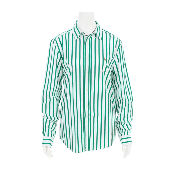 【RALPH LAUREN】直條紋 小馬logo 長袖 襯衫(白/綠-XL)