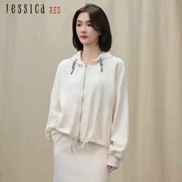【Jessica Red】休閒減齡百搭寬鬆抽繩連帽拉鏈外套R54401（米/棕/綠）