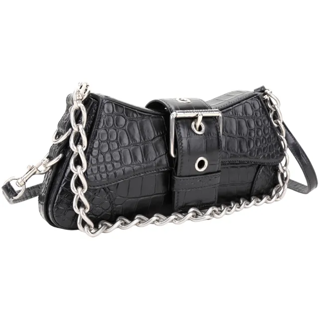 【Balenciaga 巴黎世家】Lindsay 鱷魚紋牛皮翻蓋肩背 斜背弧形包-黑色(斜背包 肩背包 弧形包 手提包)