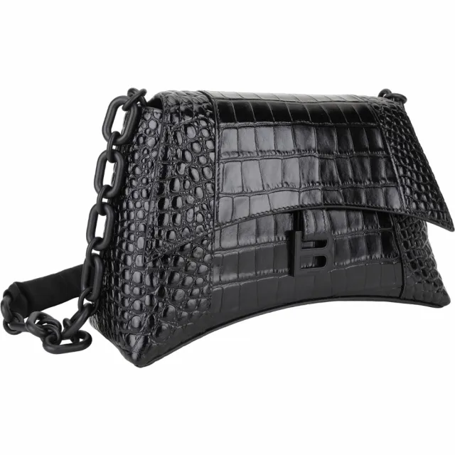 【Balenciaga 巴黎世家】Downtown 小款 B字墊肩鎖鏈帶牛皮肩背沙漏包-黑色(肩背包 沙漏包 鏈帶包)