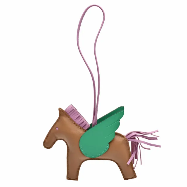 【Hermes 愛馬仕】RODEO飛馬造型小羊皮鑰匙圈/吊飾(中-淺棕/粉/綠色H083011CA-BEOWN-PK)