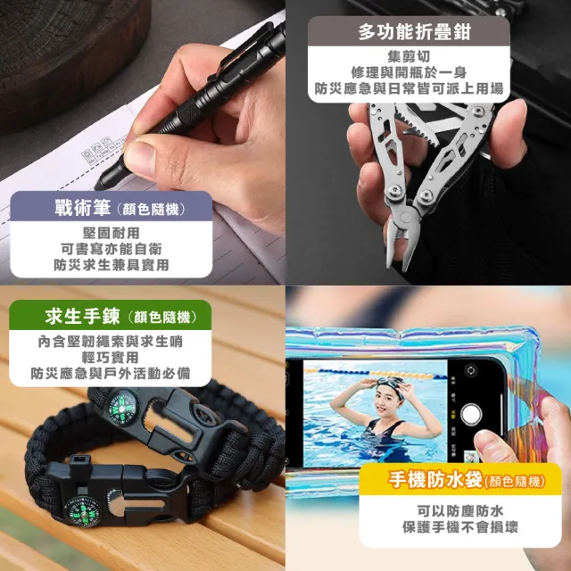 【XUMU SELECT 旭沐選物】22合1豪華版 防災包 避難包 求生包 野外求生工具(求生哨 保暖毯 安全錘 警報器)