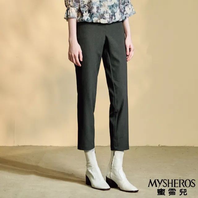 【MYSHEROS 蜜雪兒】修身造型長褲 前釦拉鍊後鬆緊 商務紋理平織布料(鐵灰)