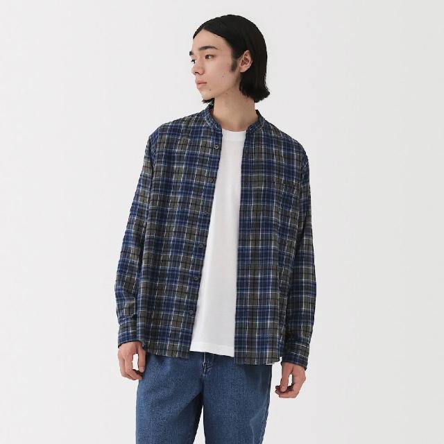 【MUJI 無印良品】男雙面起毛法蘭絨立領長袖襯衫(柔白/卡其/深藍/棕色/淺綠格紋/藍格紋/暗藍直紋/淺棕直紋)
